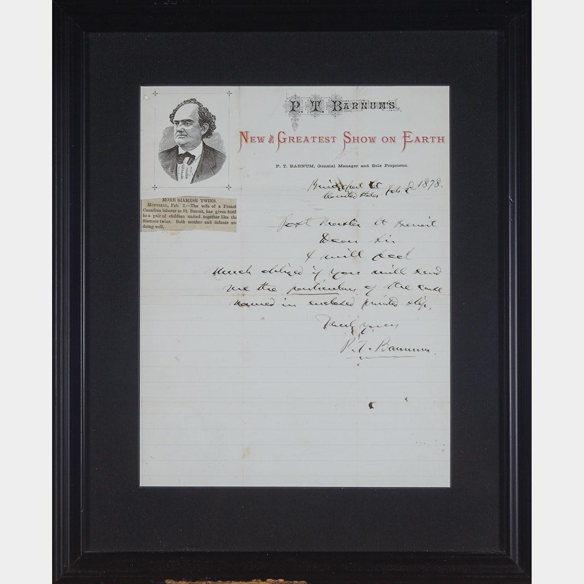 Letter Signed by P. T. Barnum, 1878