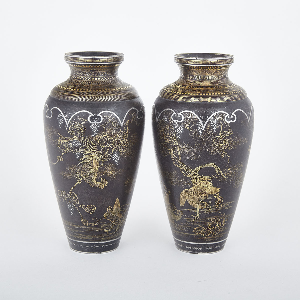 Pair of Japanese Komai of Kyoto Damascene Ware Gold and Silver Inlaid Iron Vases, Meiji Period, late 19th century