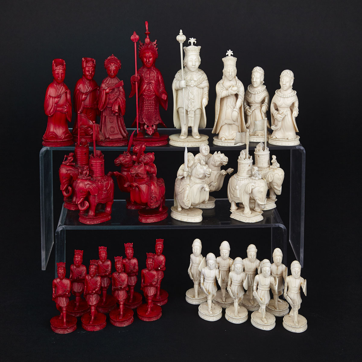 Chinese Export Carved Ivory ‘King George’ Figural Chess Set, Canton, early 19th century