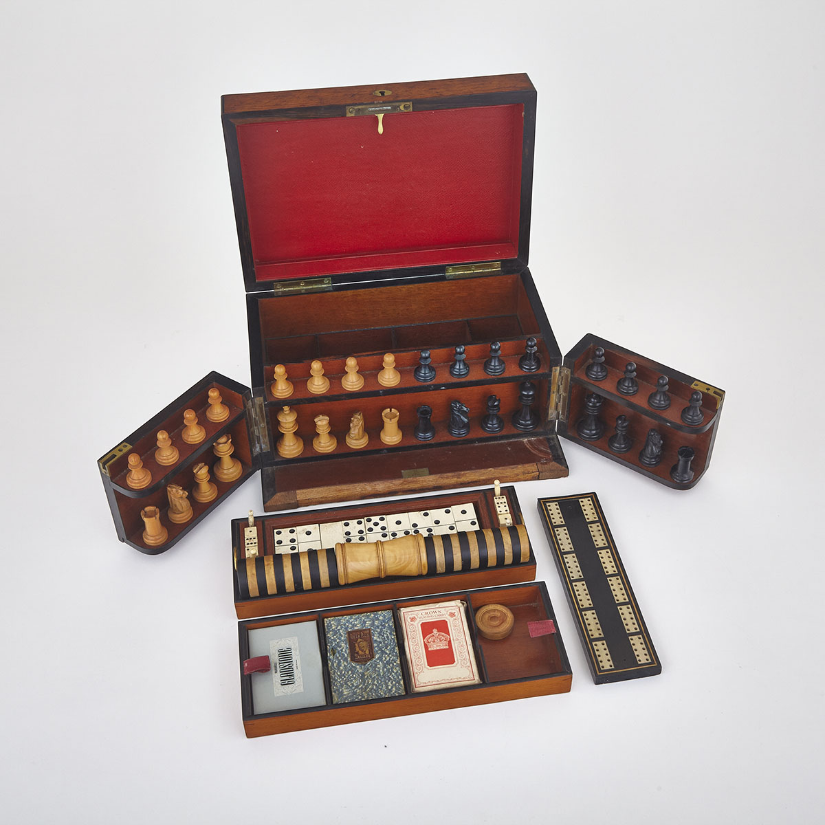 Victorian Ebony Strung Figured Oak ‘Royal Cabinet of Games’ Compendium, c.1870