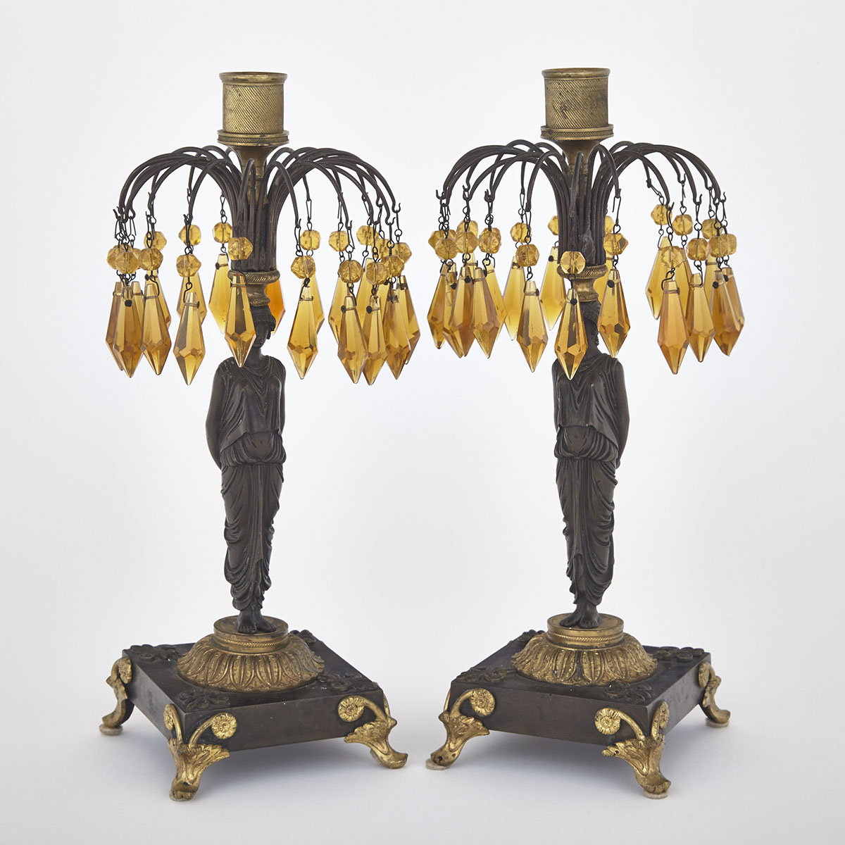 Pair of English Regency Ormolu Mounted Patinated Bronze and Amber Glass Lustre Candlesticks, c.1830
