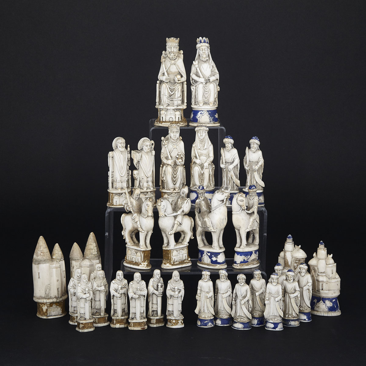 French Medieval Style Carved, Painted and Parcel Gilt Ivory Figural Chess Set, c.1930