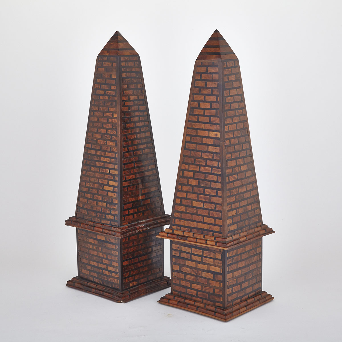 Pair of Continental Fruitwood Parquetry Obelisks, 20th century