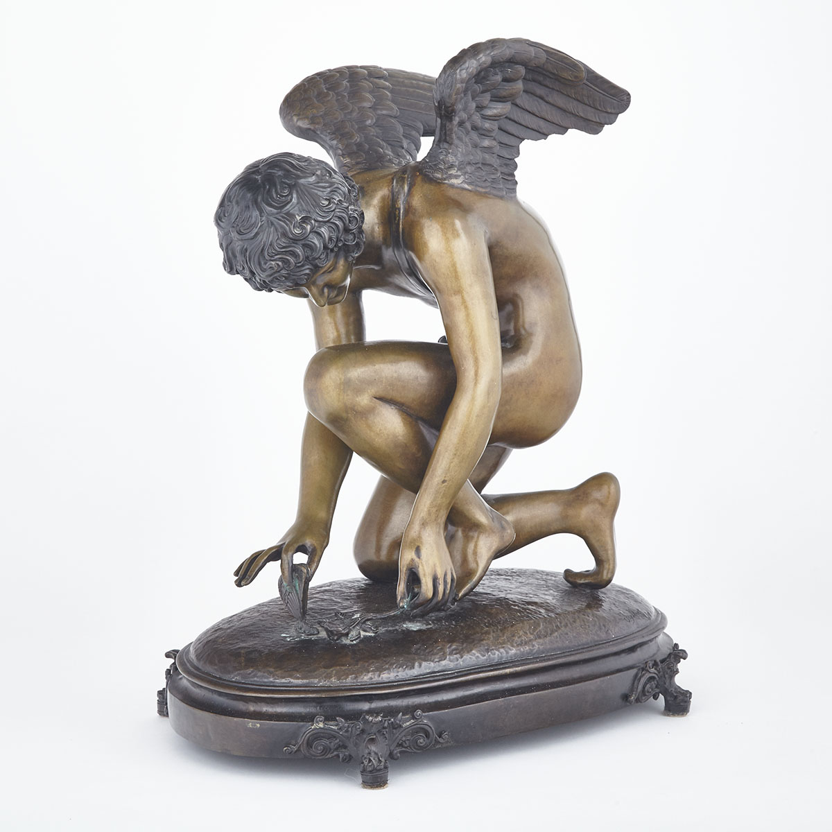 Patinated Bronze Figure of Kneeling Angel with Butterfly and Rose, 20th century