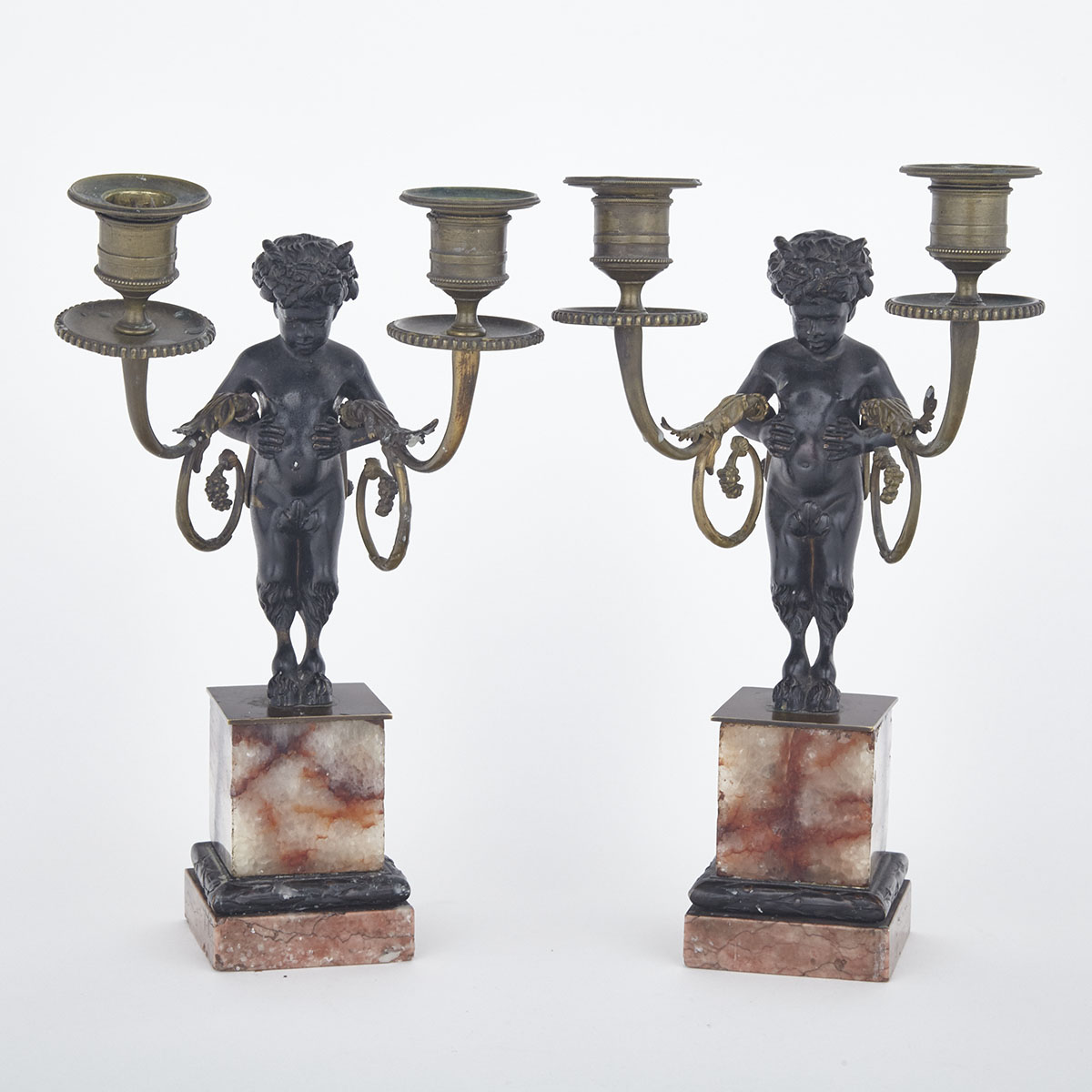Pair of English Regency DERBYSHIRE SPAR ‘BLUE JOHN’ Mounted Patinated and Gilt Bronze Figural Candelabra, early 19th century