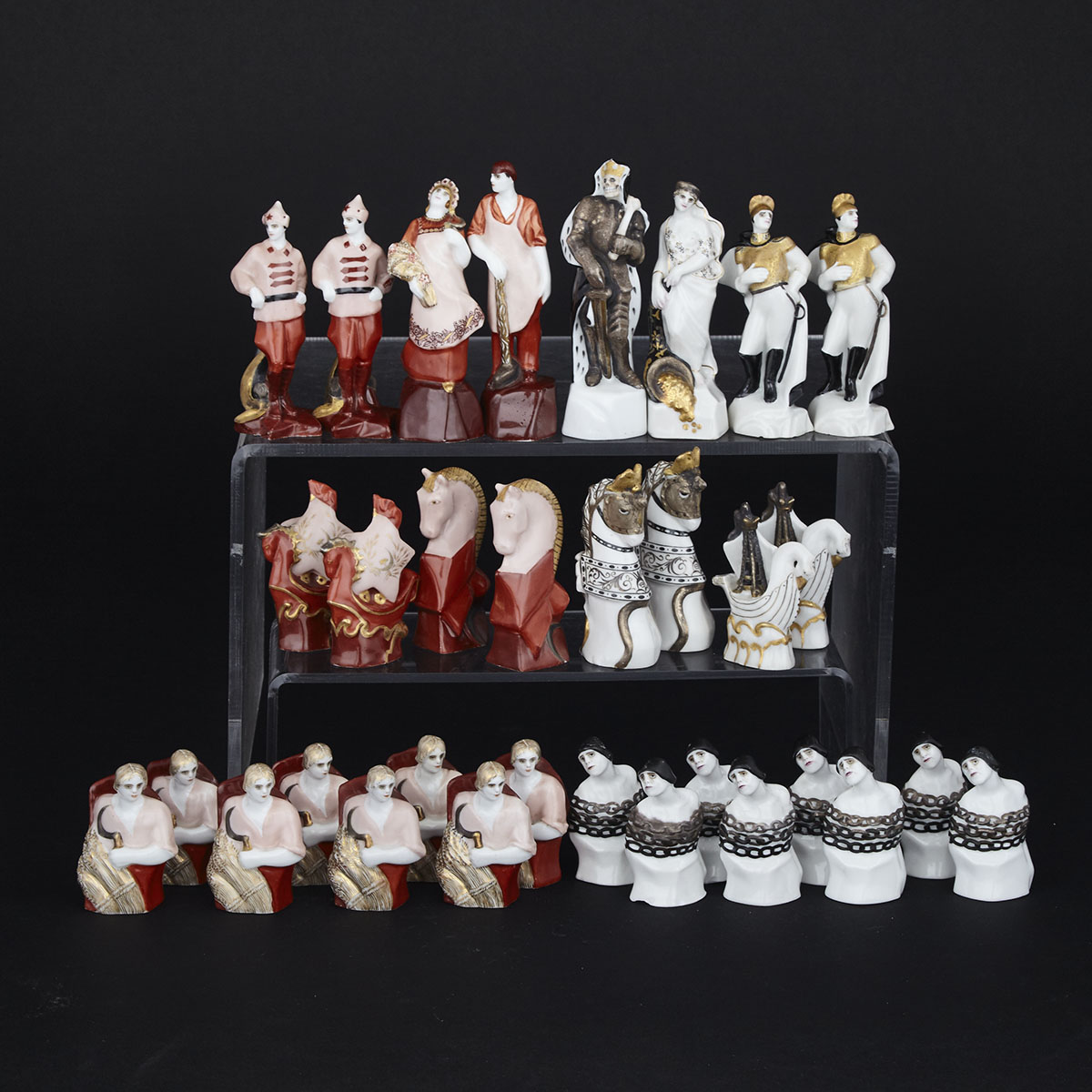 Soviet Parcel Gilt and Painted Porcelain ‘Reds vs. Whites’ Chess Set, Natalia Danko, State Porcelain Manufactory, 1933/4