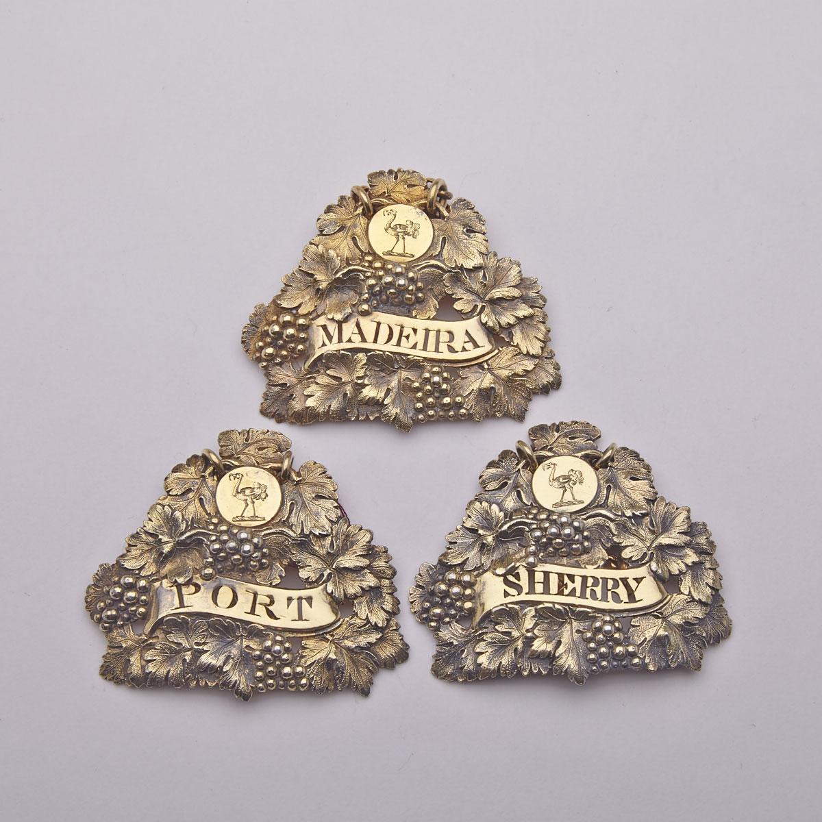 Set of Three George III Silver-Gilt Wine Labels, John Reily, London 1814