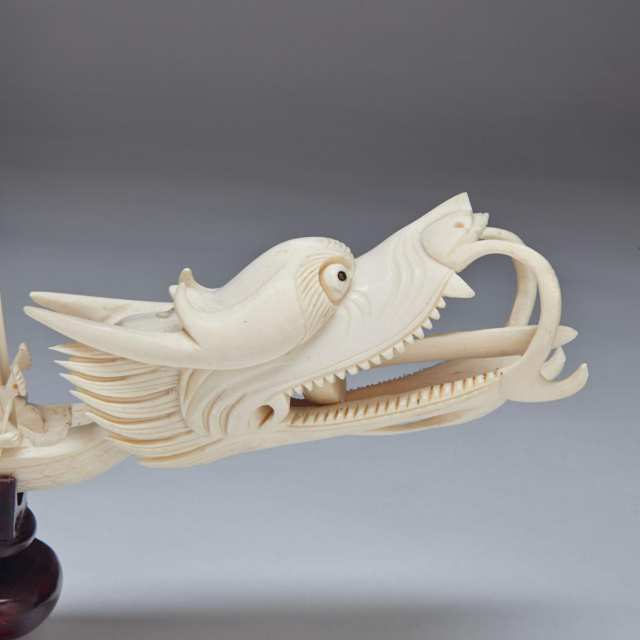 Two Ivory Carved Dragon Boats, Circa 1950’s