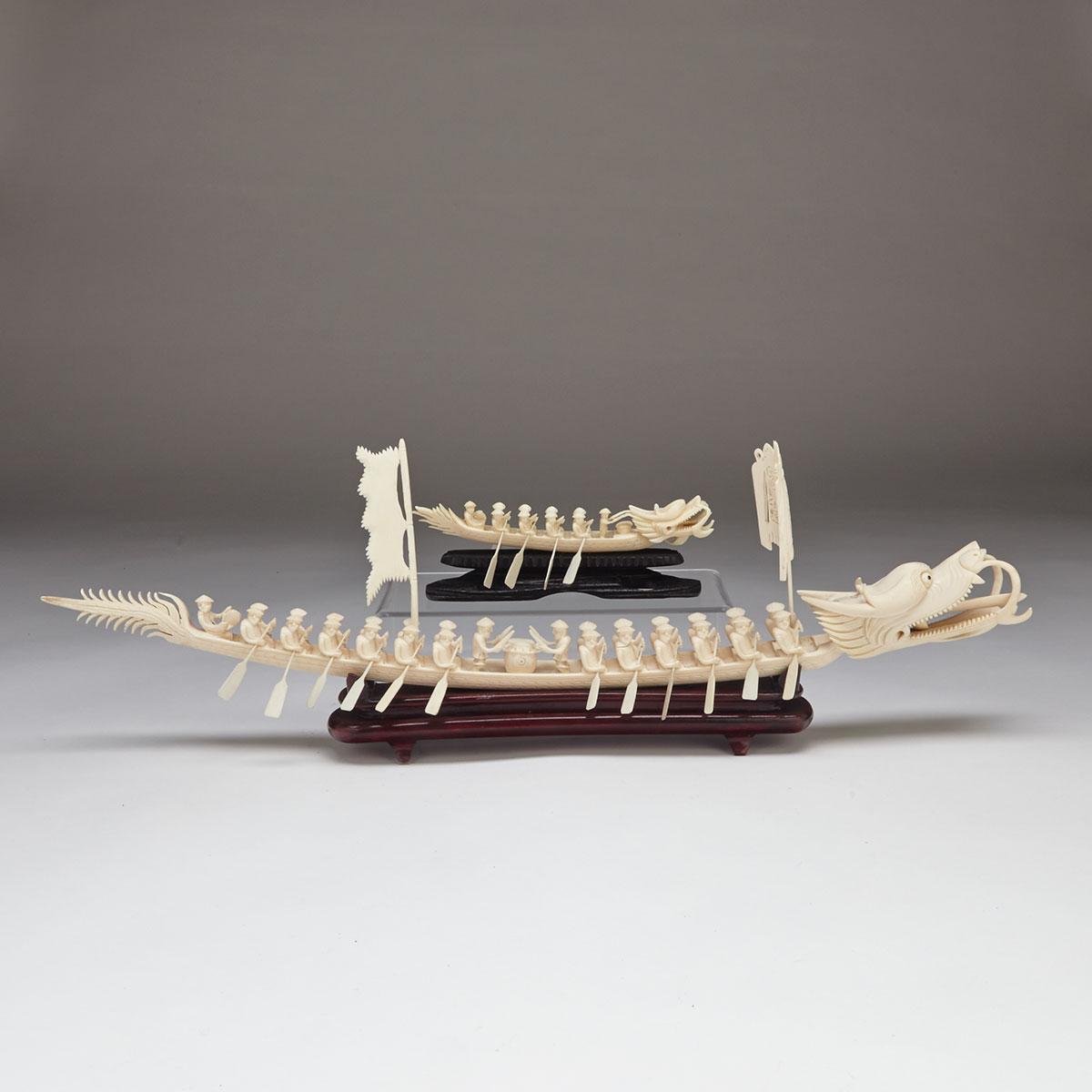 Two Ivory Carved Dragon Boats, Circa 1950’s