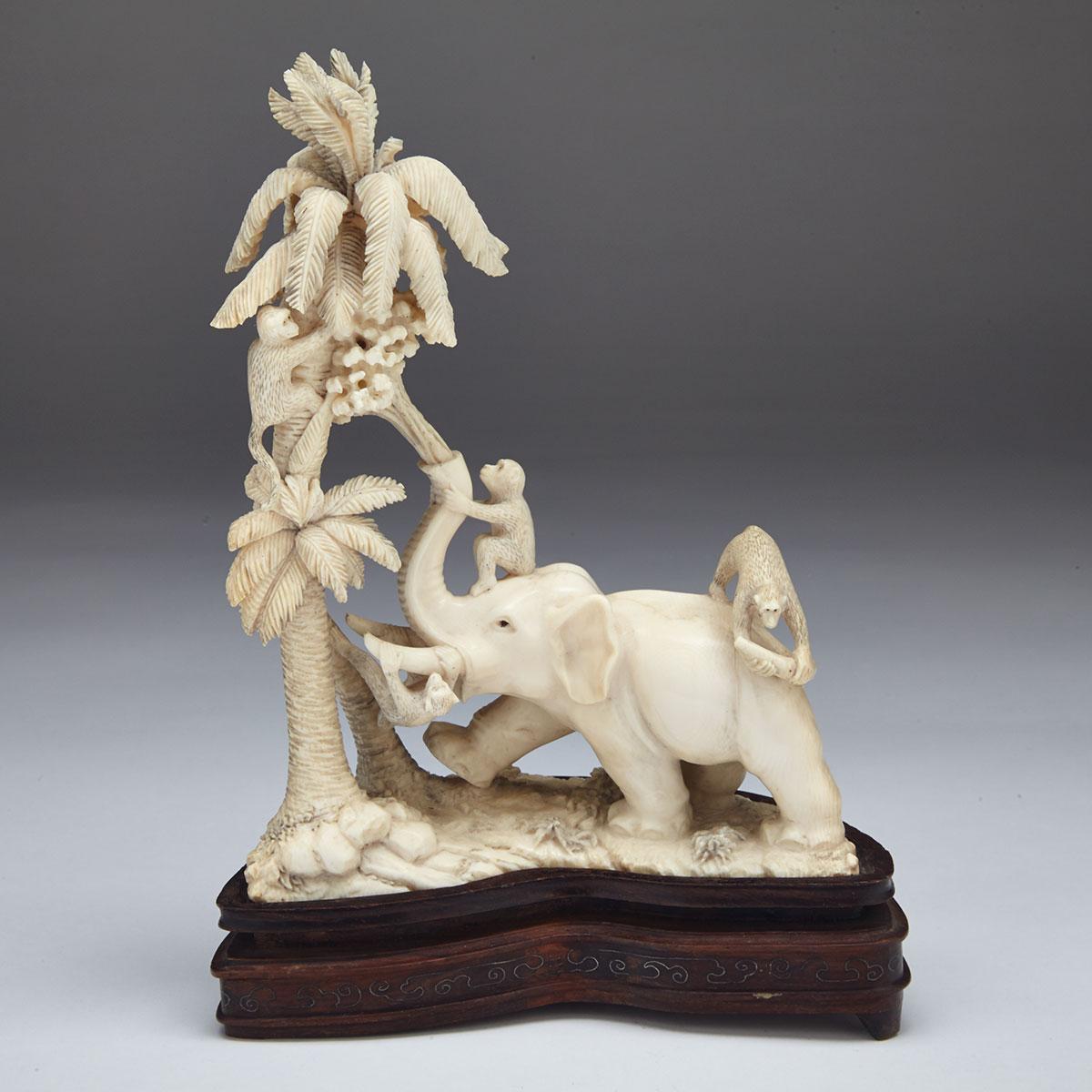 Ivory Carved Elephant and Monkey Group, Circa 1940’s