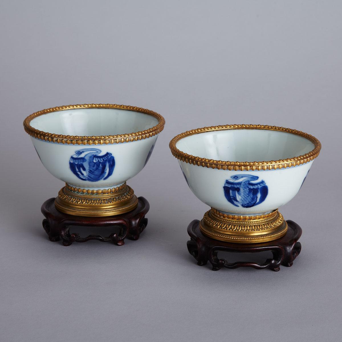 Pair Blue and White Ormolu Mounted Tea Cups, 19th Century