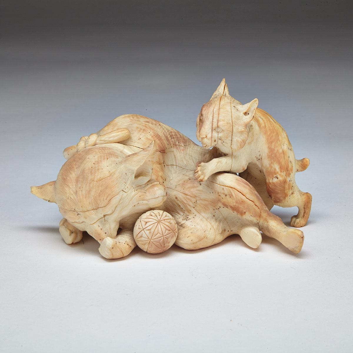 Ivory Carving of a Cat and Kitten, Meiji Period, Circa 1870’s/1880’s