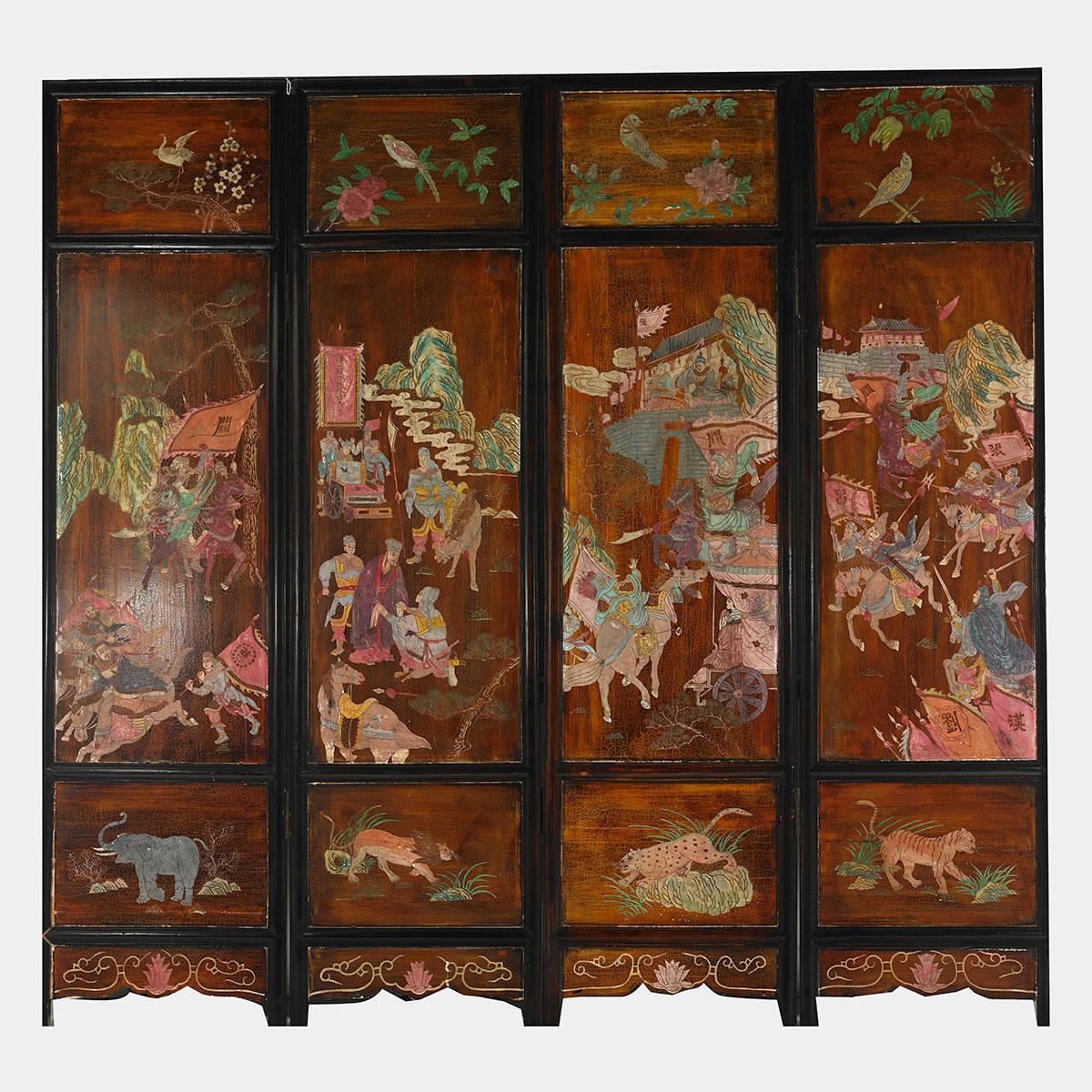 Red Lacquer Four Panel Screen
