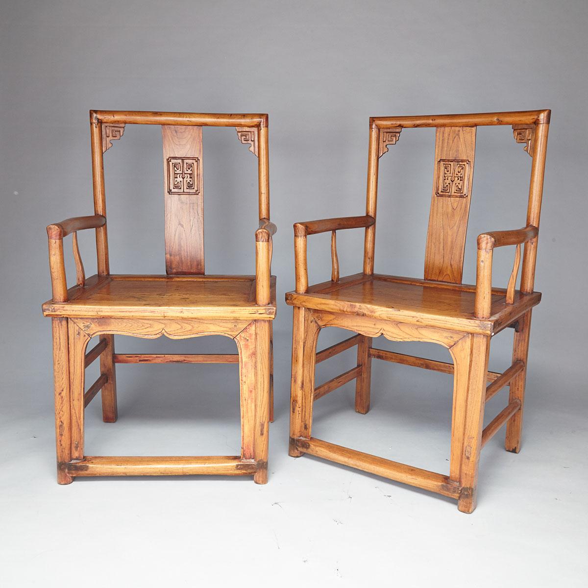 Pair of Elm Wood Arm Chairs, Early 20th Century