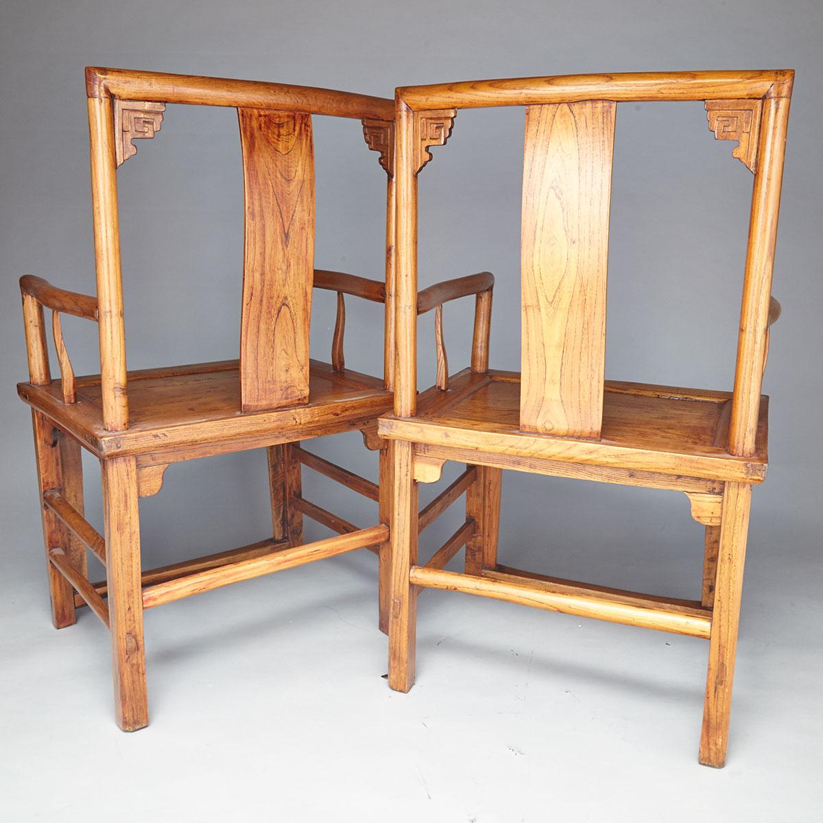 Pair of Elm Wood Arm Chairs, Early 20th Century