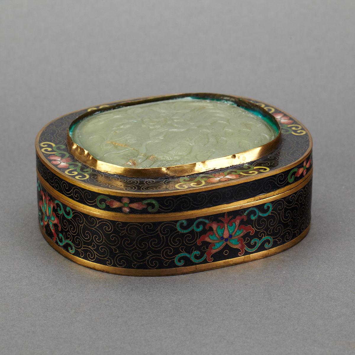 Small Cloisonné Enamel and Jade Inlay Box and Cover