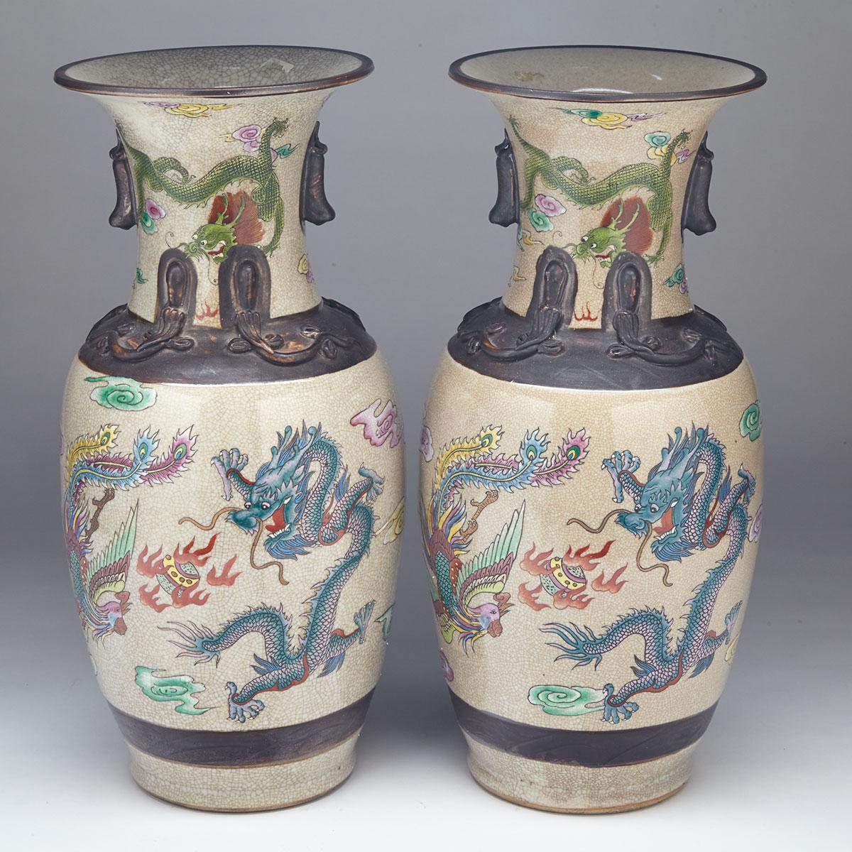Pair of Famille Rose ‘Phoenix and Dragon’ Vases, Chenghua Mark, Early 20th Century