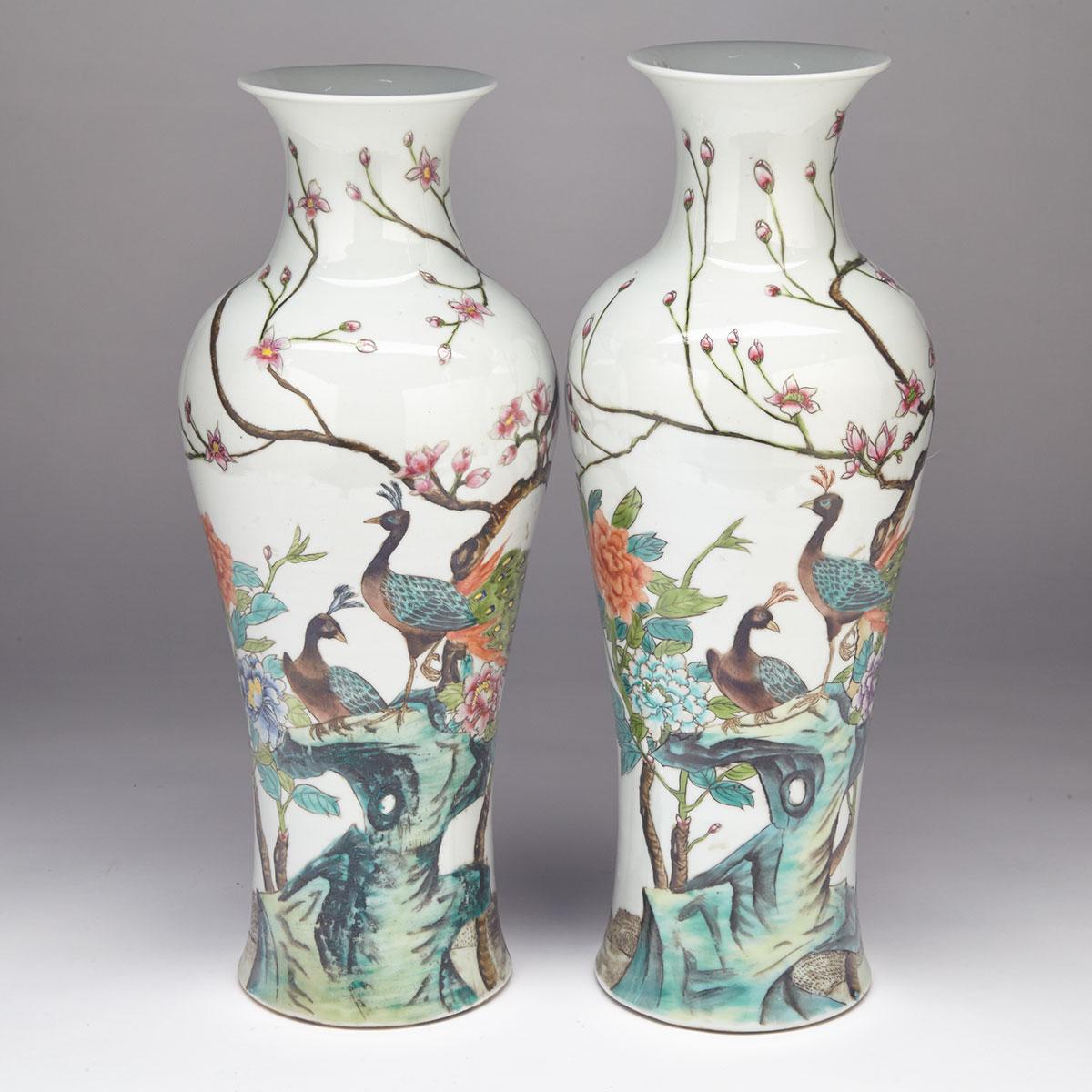 Pair of Famille Rose ‘Peacock’ Vases, Qianlong Mark
