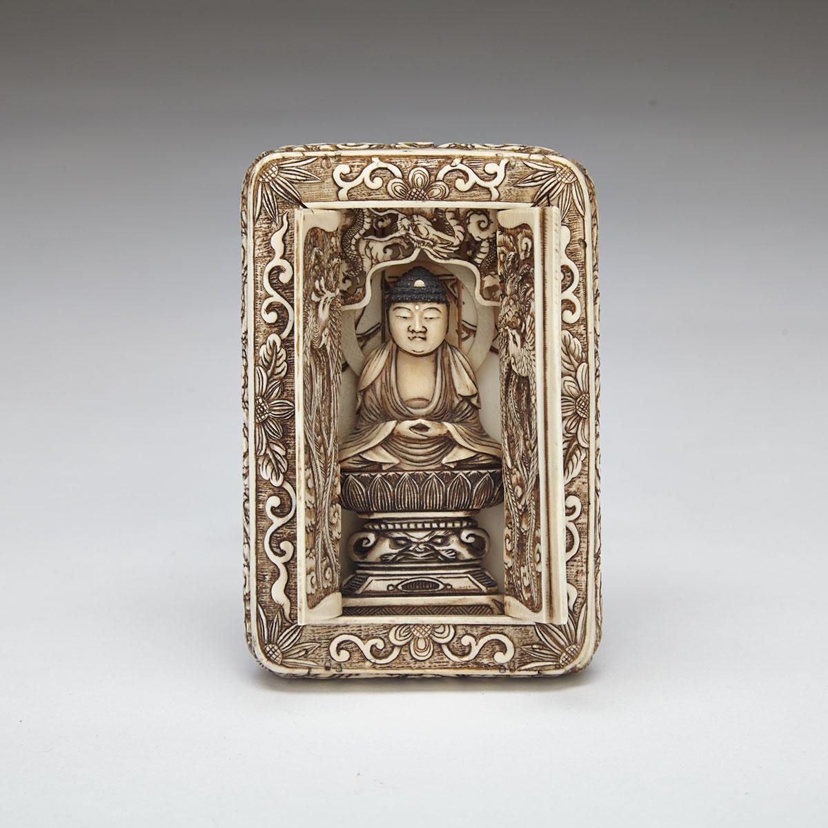 Ivory Carved Portable Shrine Case, Meiji Period, Late 19th Century 