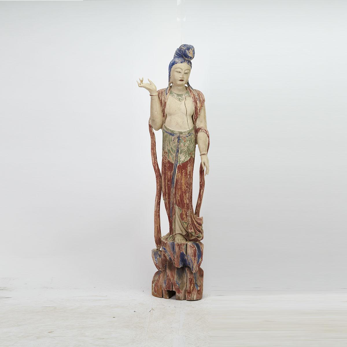 Large Polychromed Wood Figure of Guanyin, 19th Century or Earlier