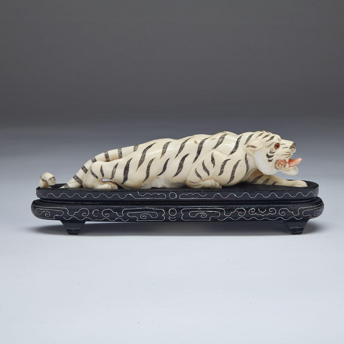 Polychromed Ivory Okimono of a Tiger, Early 20th Century