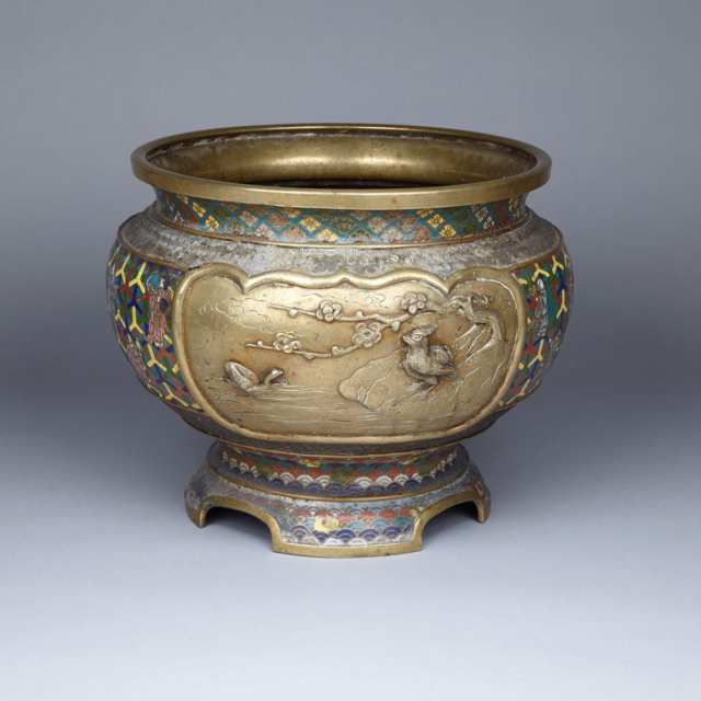 Large Bronze and Champlevee Enamel Planter, Early 20th Century