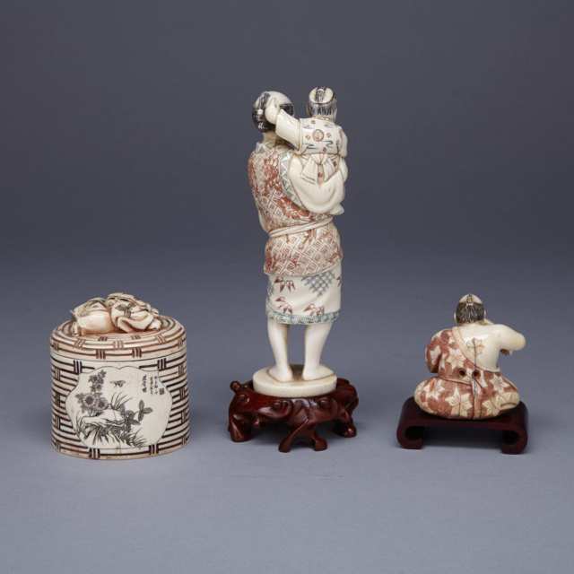 Three Tinted Ivory Carved Figures, Mid-20th Century