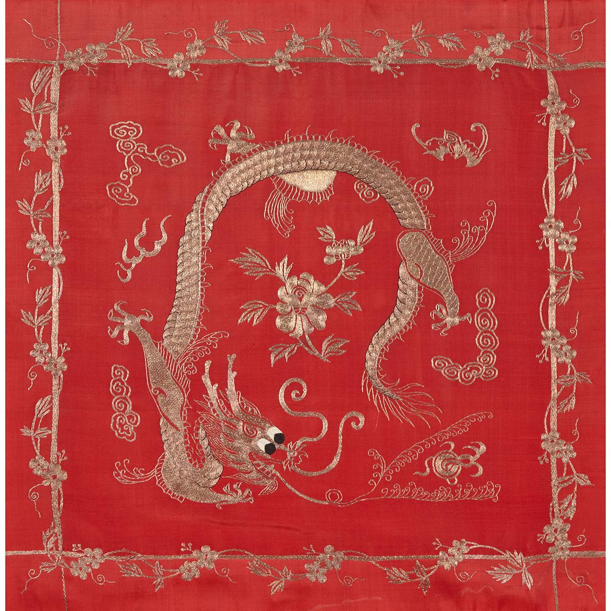 Silk Embroidered Red Ground Dragon Panel, Early to Mid 20th Century