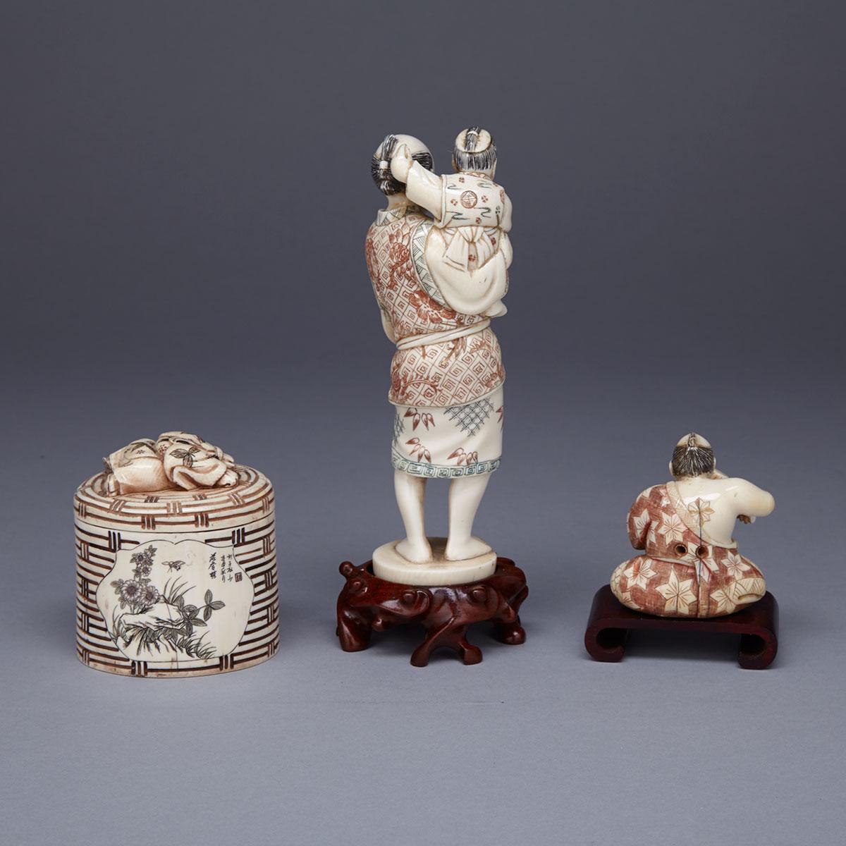 Three Tinted Ivory Carved Figures, Mid-20th Century