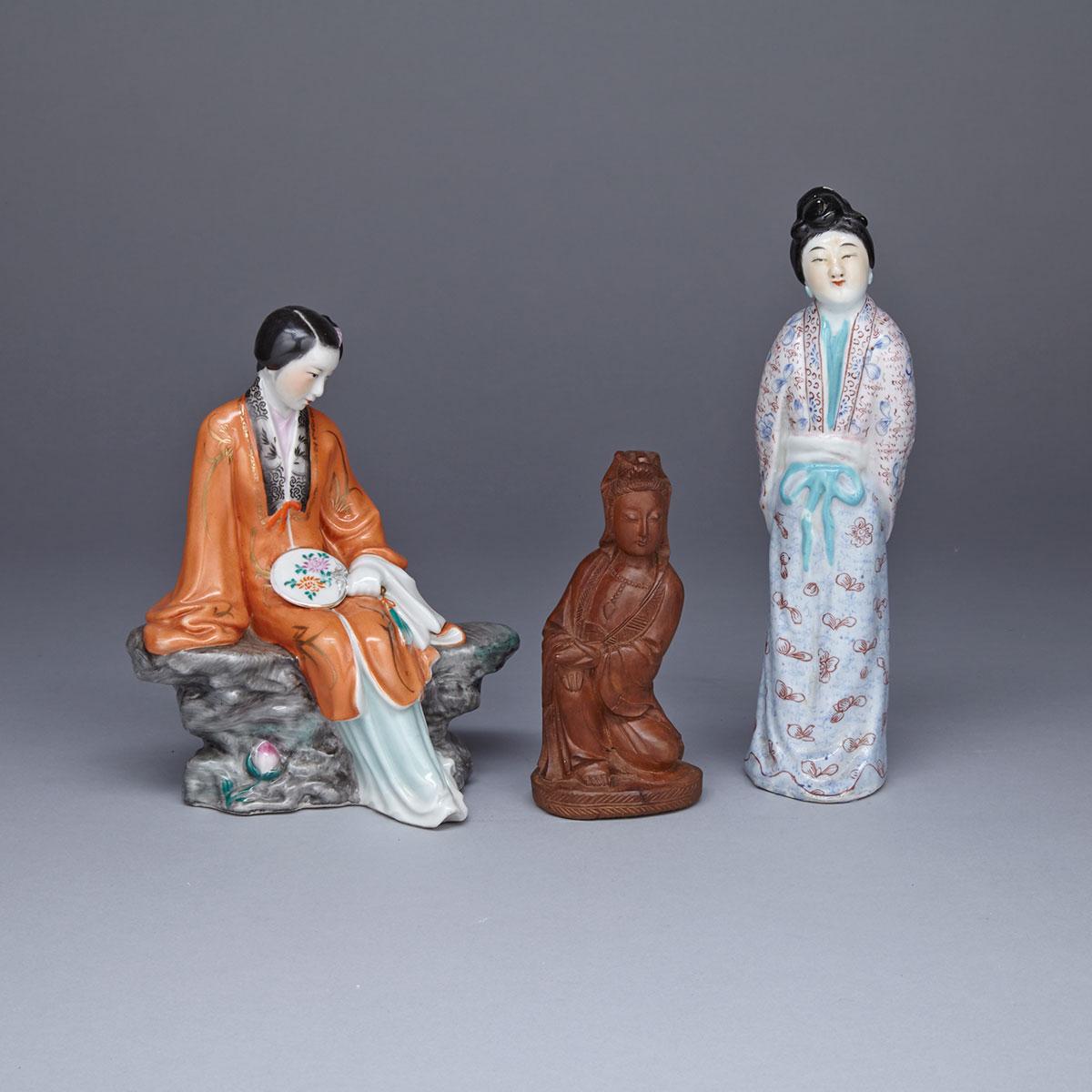 Two Porcelain Figures and Small Wood Figure