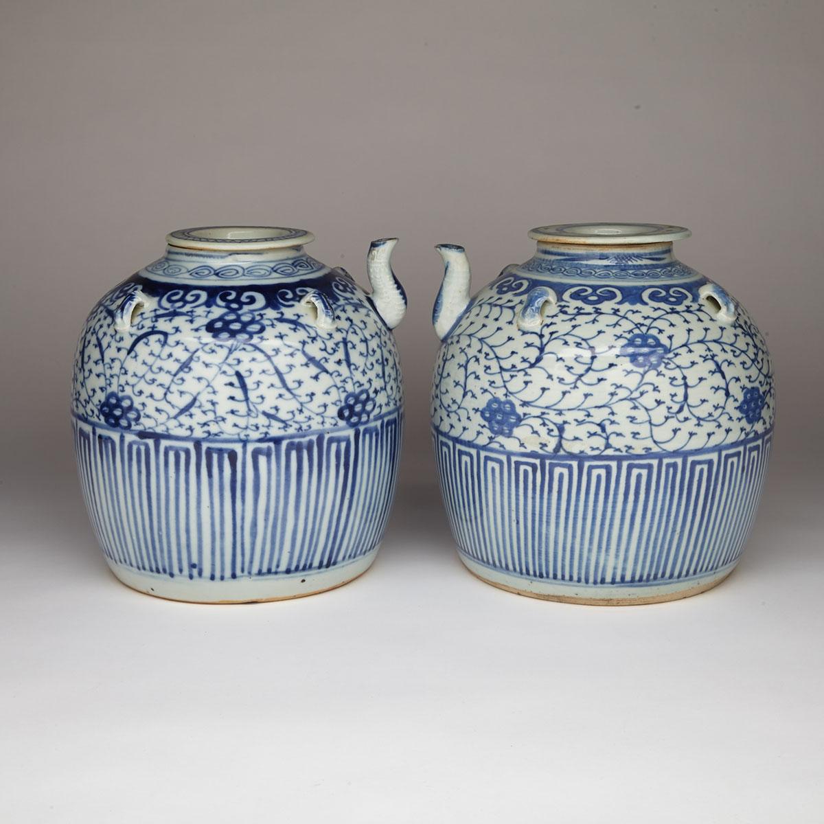Pair of Large Blue and White Wine Ewers, 19th Century 