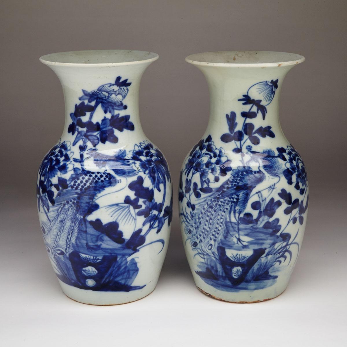 Pair of Blue and White ‘Peacock’ Baluster Vases, 19th Century