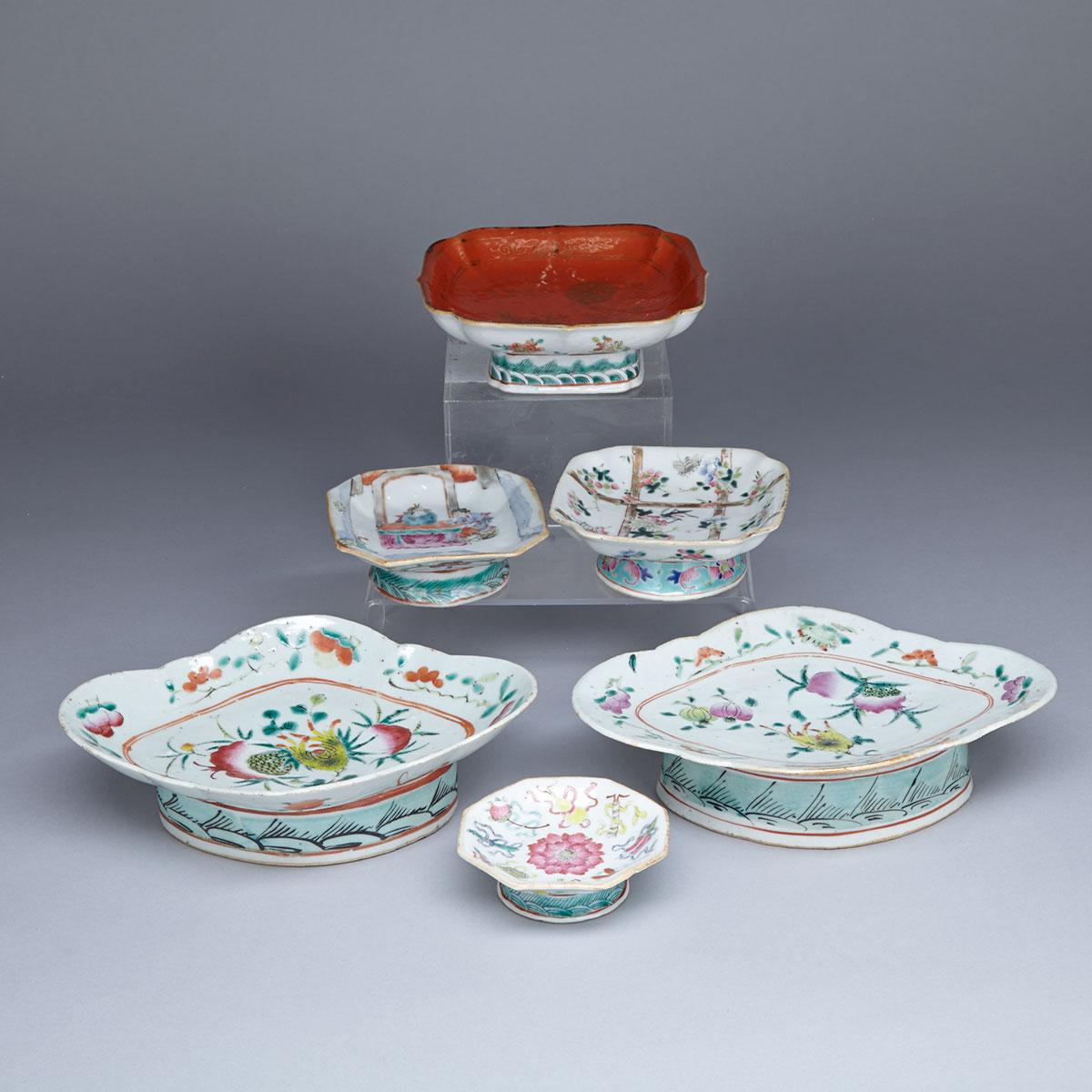 Group of Six Famille Rose Footed Platters, 19th Century