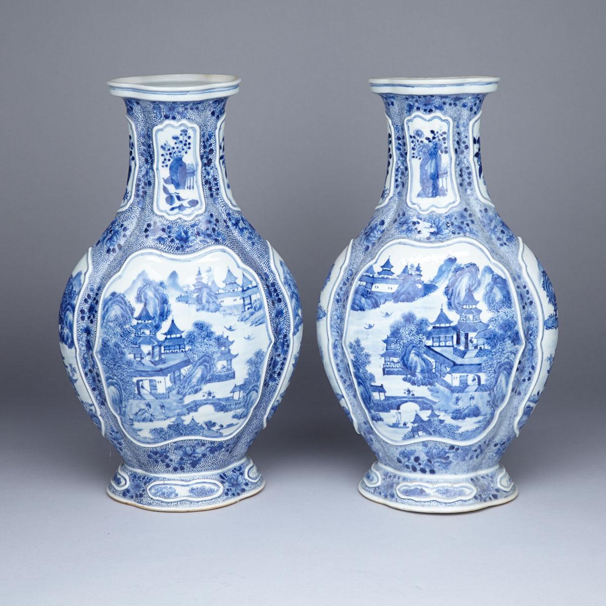 Pair of Large Blue and White Landscape Vases, Kangxi Mark, Mid-20th Century