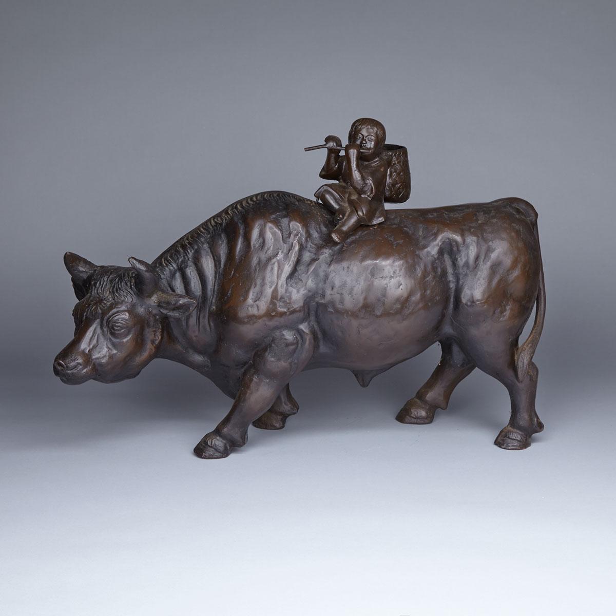 Large Bronze Okimono of a Small Boy and Ox, Early 20th Century