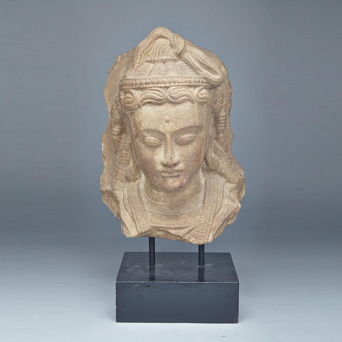 Large Gandharan-Style Sandstone Head of Bodhisattva