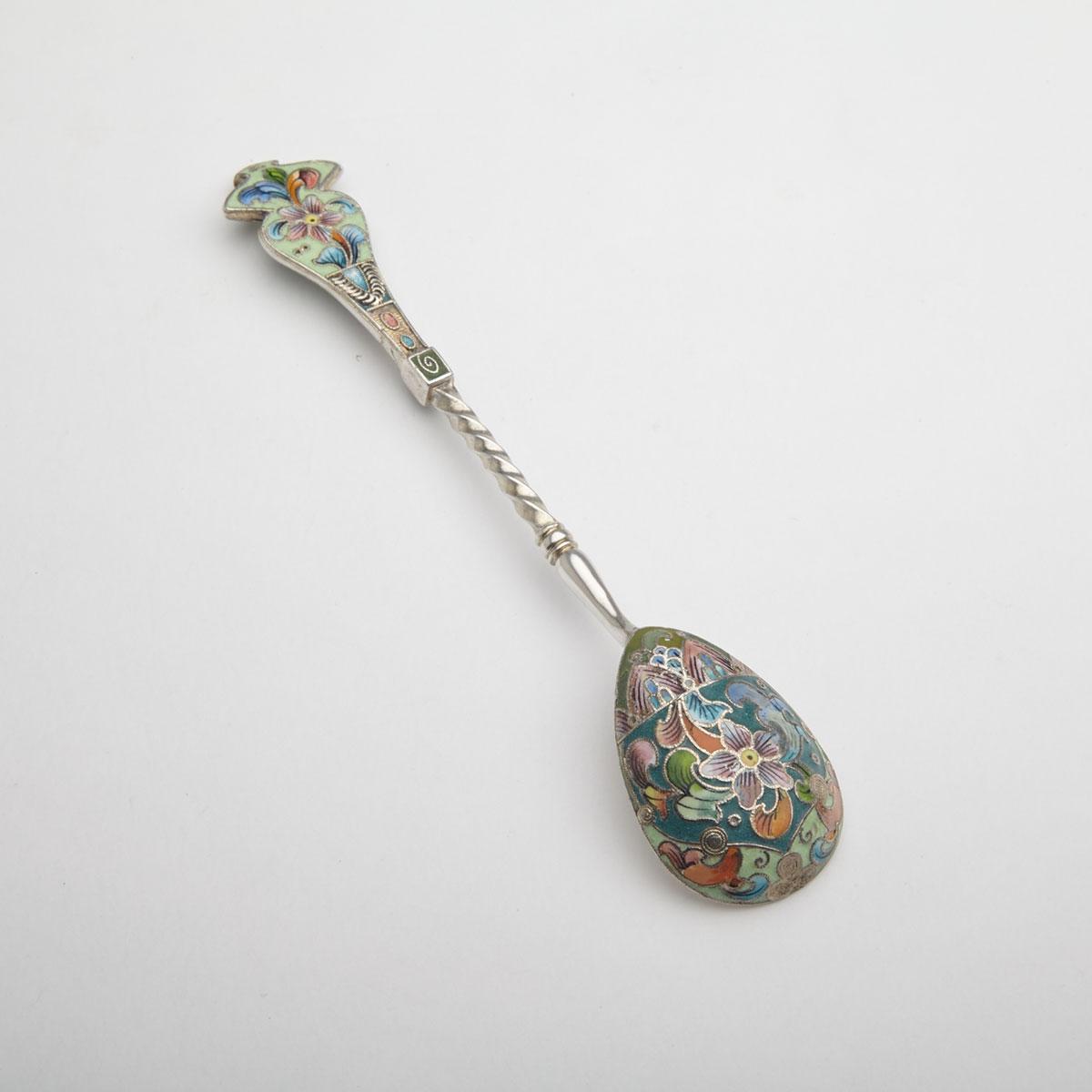 Russian Silver and Cloisonné Enamel Spoon, 6th Artel, Moscow, c.1908-17