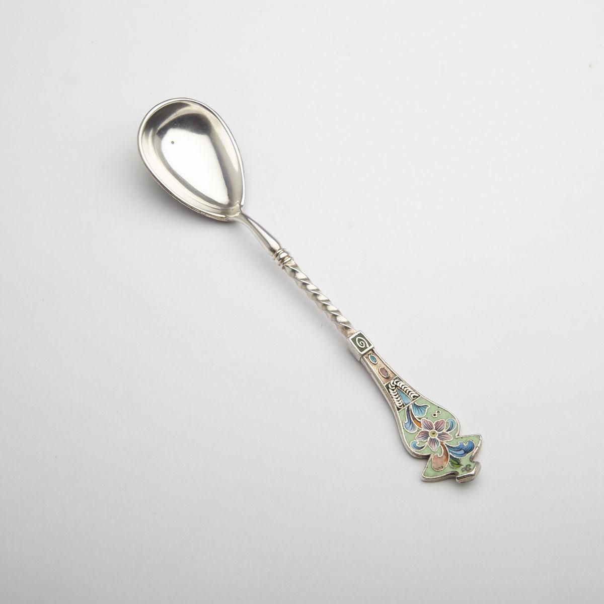 Russian Silver and Cloisonné Enamel Spoon, 6th Artel, Moscow, c.1908-17