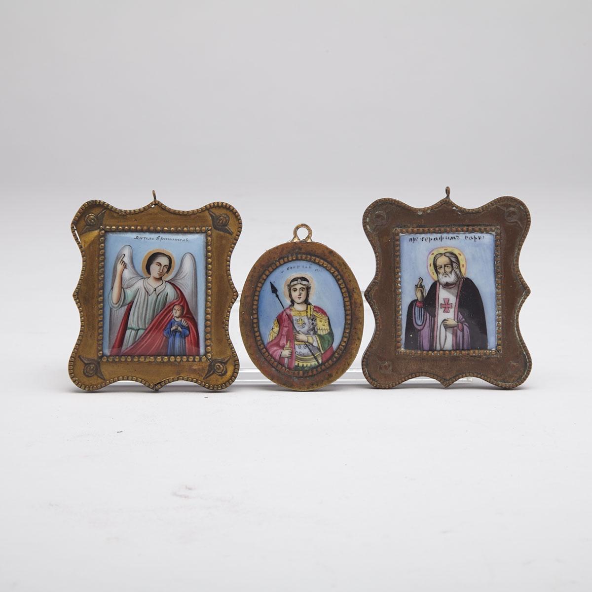 Three Russian Miniature Enamelled Porcelain Travelling Icons, 19th/20th century