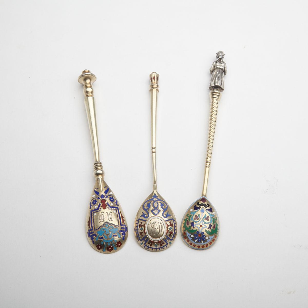 Three Russian Silver-Gilt and Champlevé Enamel Spoons, various makers, late 19th century