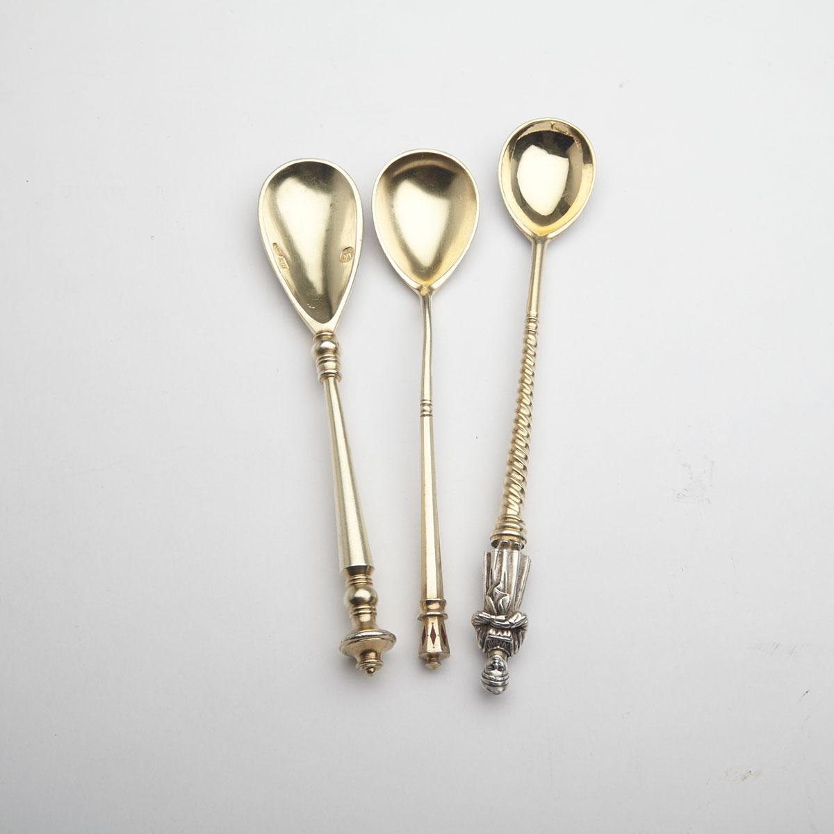 Three Russian Silver-Gilt and Champlevé Enamel Spoons, various makers, late 19th century