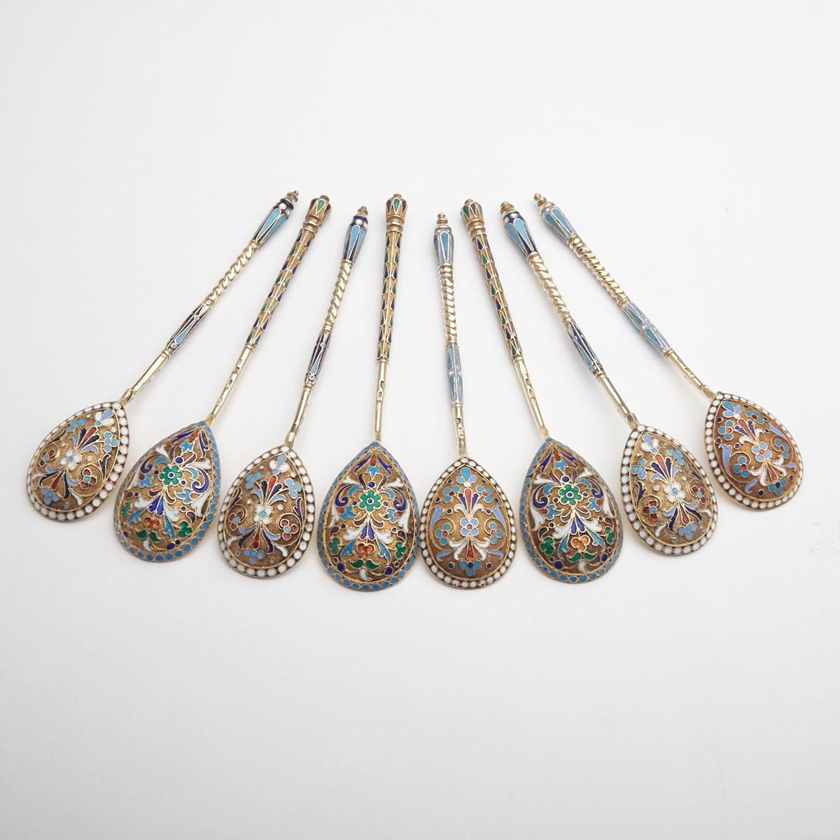 Eight Russian Silver and Cloisonné Enamel Spoons, various makers, 20th century