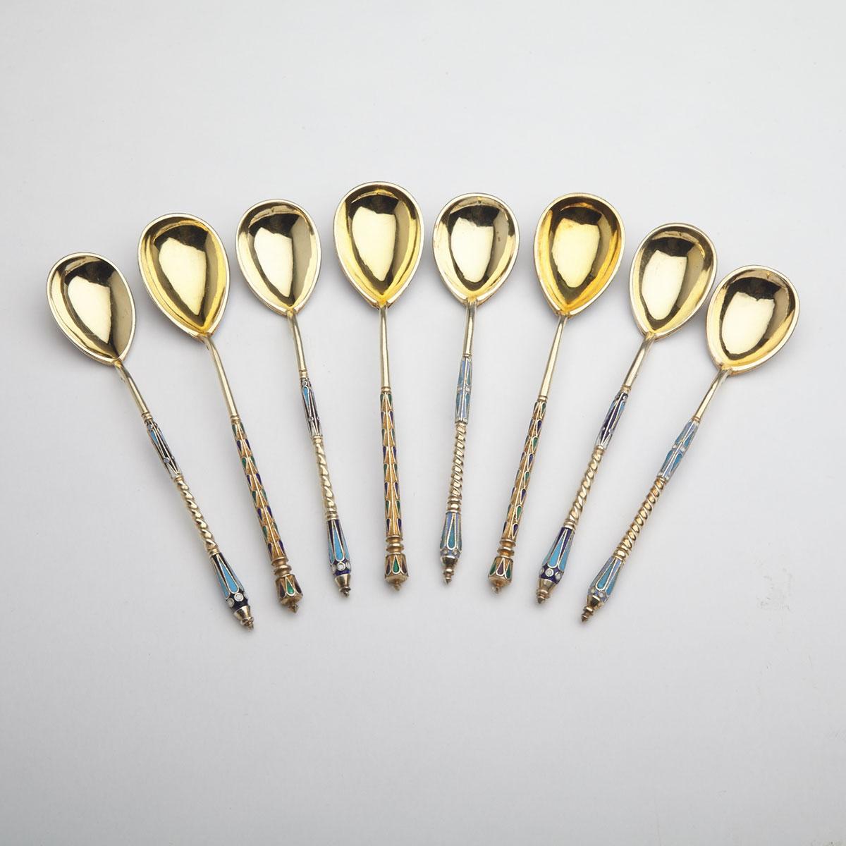 Eight Russian Silver and Cloisonné Enamel Spoons, various makers, 20th century
