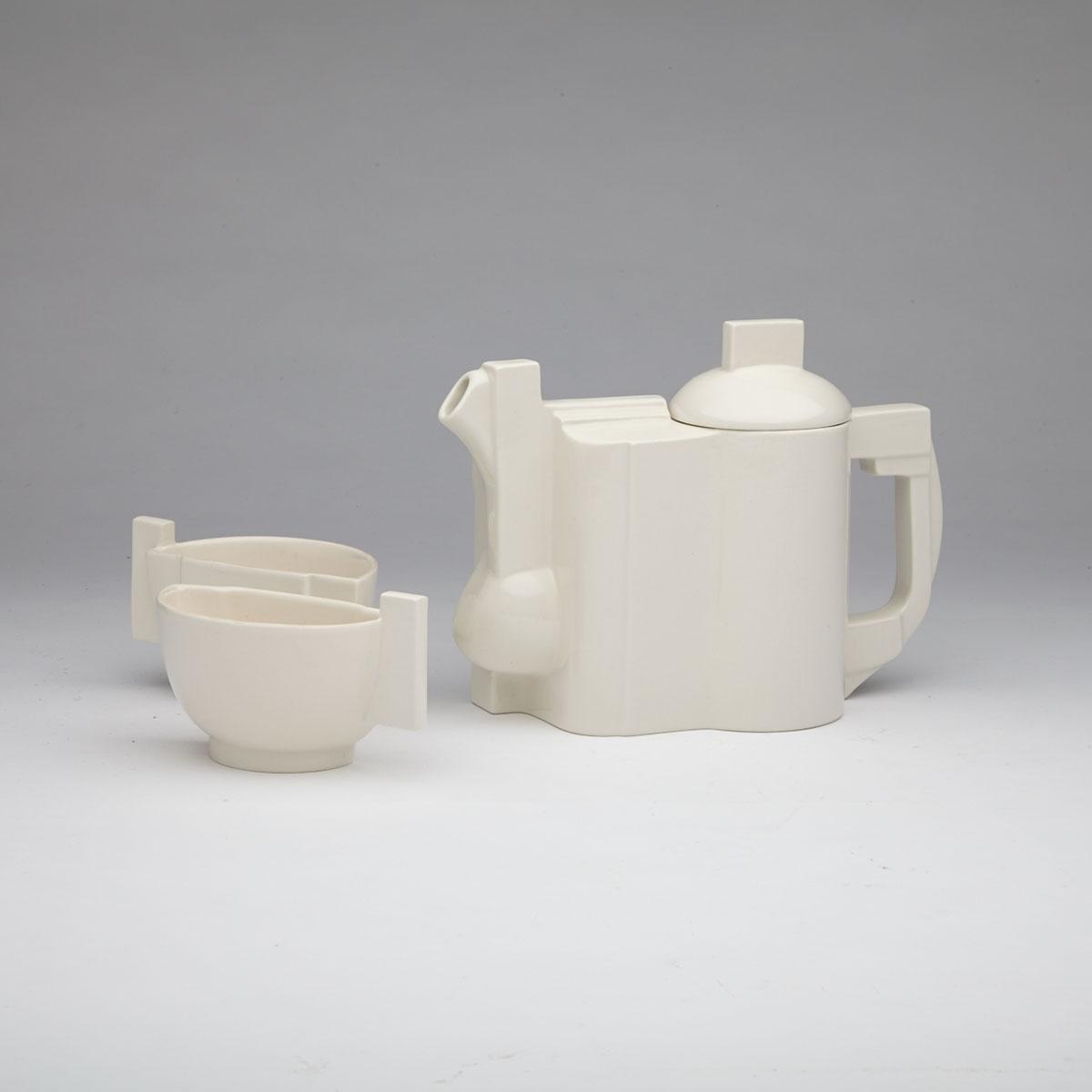White-Glazed Earthenware ‘Suprematist’ Teapot and Two Cups, after Kazimir Malevich, 20th century