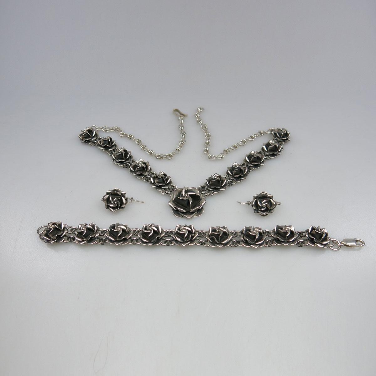 Mexican Sterling Silver Necklace, Bracelet And Earrings