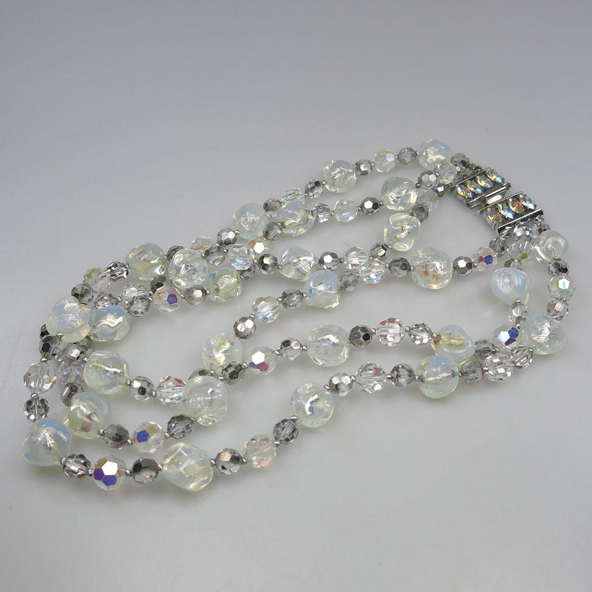 Sherman Triple Strand Smokey And Opalescent Glass Bead Necklace