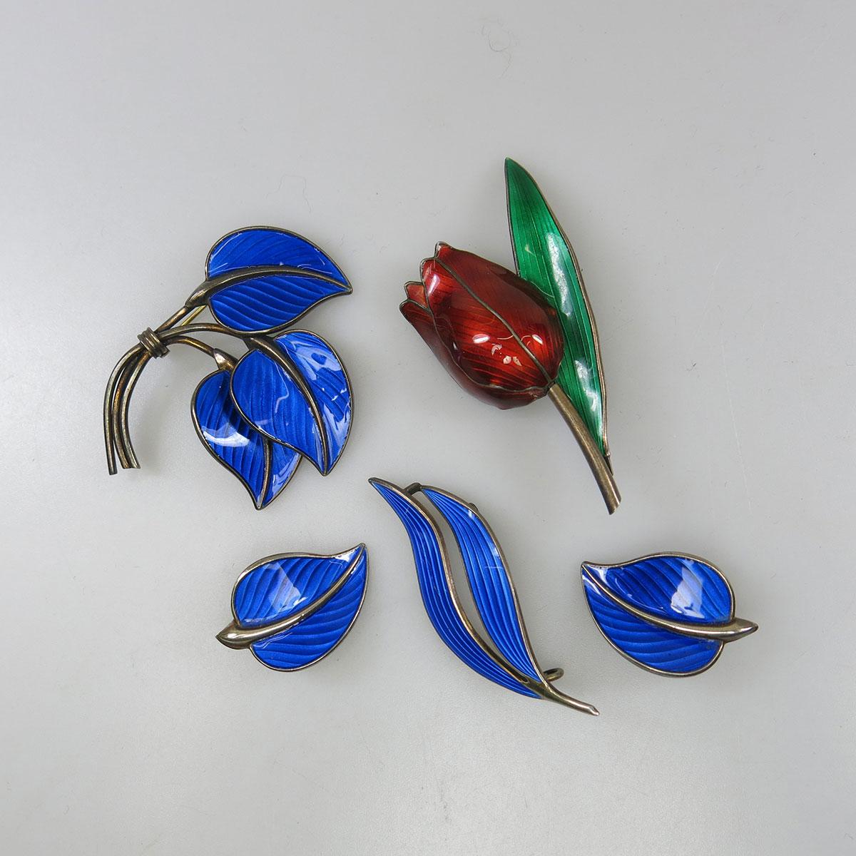 Group Of 3 Norwegian Sterling Silver And Enamel Brooches
