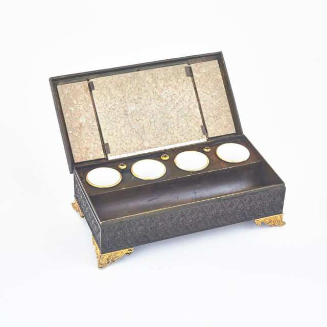 French Gothic Revival Porcelain Mounted Gilt and Patinated Bronze Desk Box, c.1840