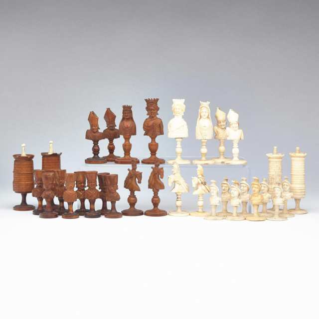 French Napoleonic Bone AND fruitWOOD ‘Prisoner of War’ Dieppe Style Chess Set, late 18th/early 19th century