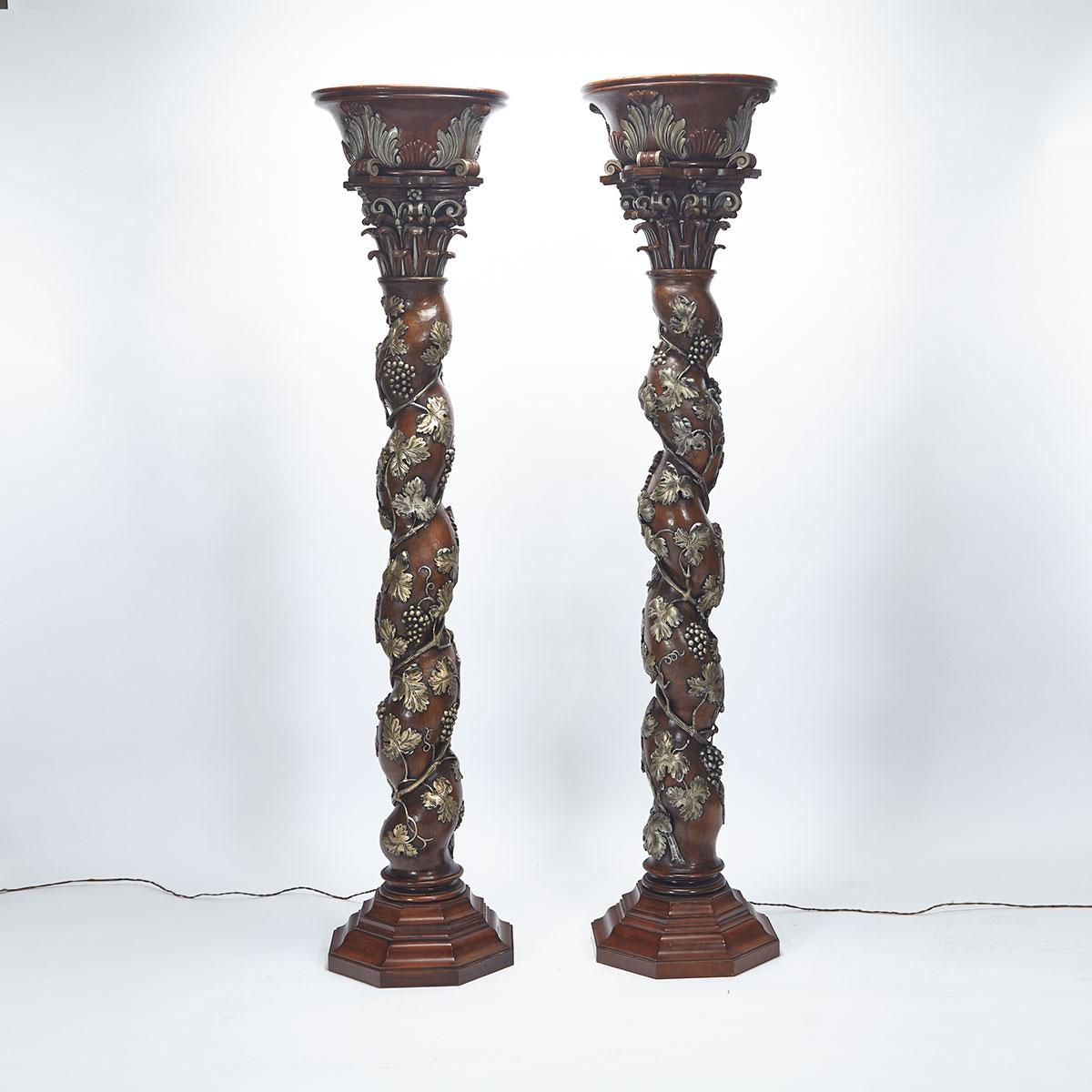 Pair of Parcel Silver Gilt Solomonic Column From Torchieres, early 20th century